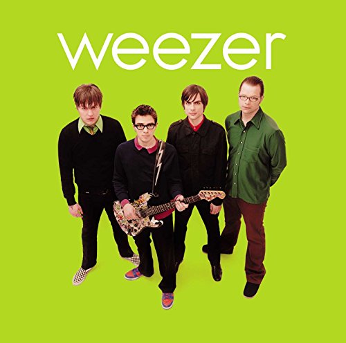 Weezer band members on a bright green album cover, posing with guitars.