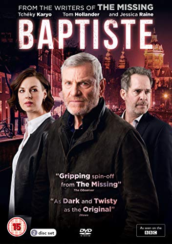 "Baptiste DVD cover featuring three actors against a cityscape background at dusk."