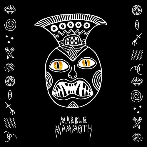 Black and white line drawing of a mammoth face with geometric designs.