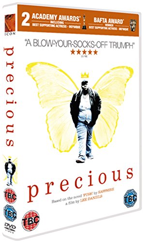 DVD cover for Precious featuring a person with yellow butterfly wings behind them.