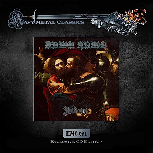 "Album cover art: 'Dawn Hawk - Judas' with medieval scene, dark background, and gothic text."