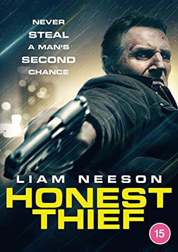 DVD cover for "Honest Thief" featuring Liam Neeson holding a gun.
