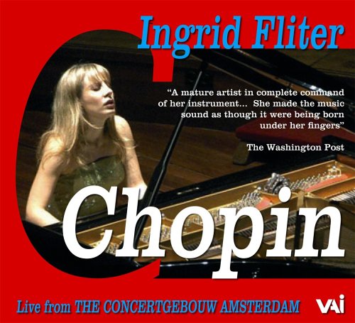CD cover featuring Ingrid Fliter playing piano, with red background and white text.