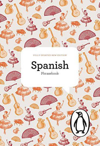 "Book cover with Spanish dancers and instruments pattern, featuring a penguin logo and 'Spanish Phrasebook' text."