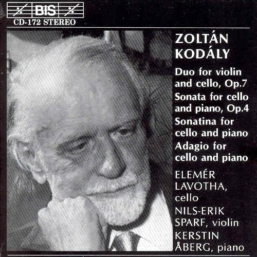 "CD cover with black-and-white photo of Zoltán Kodály and white text on a black background."