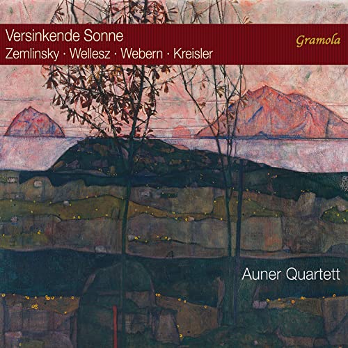 CD cover with a painting of mountains and bare trees at sunset.
