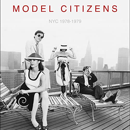 Black and white album cover with four people and a city skyline.