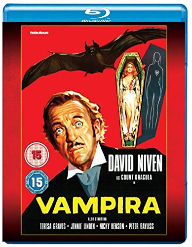 Vampira" Blu-ray cover featuring a coffin, bat, and actors David Niven and Maila Nurmi.