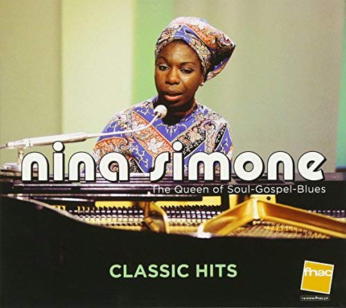 Nina Simone sings into a microphone behind a piano on a music album cover.