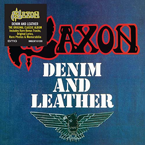 Saxon Denim and Leather album cover with band logo, text, and an eagle emblem.