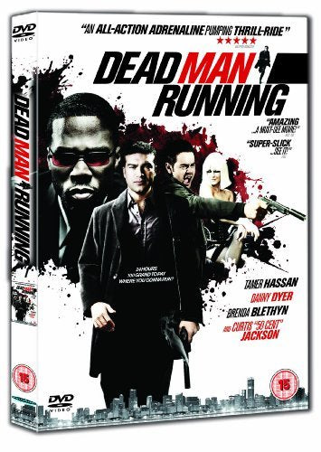 DVD case for "Dead Man Running" with actors and title on a blood-splattered background.