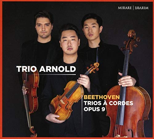 Three musicians with violin and cello, CD cover for Beethoven trios.