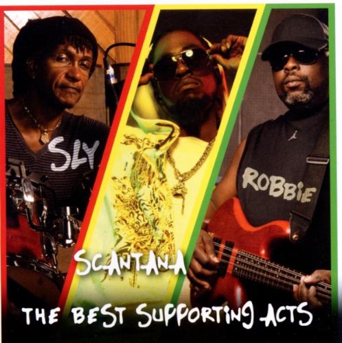 "Album cover featuring three musicians, Sly, Scantana, and Robbie, with colourful diagonal stripes."