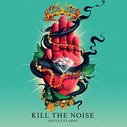 "Album cover with red hand, snake, and diamond on teal background."