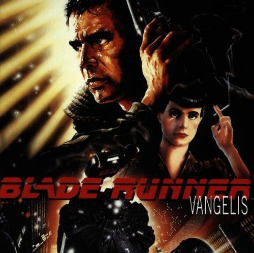 "Album cover for 'Blade Runner' by Vangelis, featuring a man and woman in a futuristic scene."