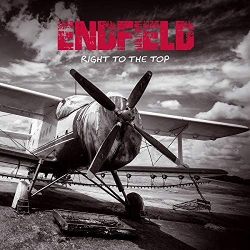 "Album cover featuring a black-and-white image of a propeller plane with red title text."