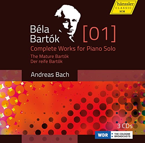 "CD cover with red and orange dots, featuring Béla Bartók's image and text."