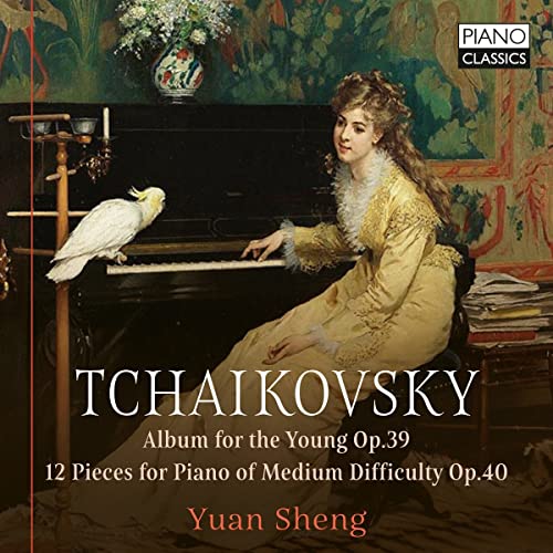 CD cover: woman with parrot at piano, floral wallpaper background.