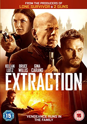 Extraction DVD cover featuring Bruce Willis, Kellan Lutz, and Gina Carano with guns.
