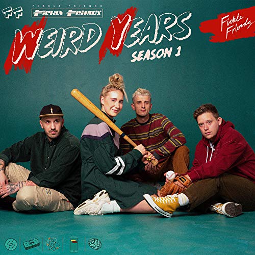 "Album cover with four people sitting on a teal floor, one holding a baseball bat."