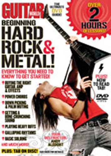 DVD cover for "Guitar World: Beginning Hard Rock & Metal" with guitarist.