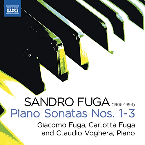 CD cover for Sandro Fuga’s Piano Sonatas Nos. 1-3, with piano keys.