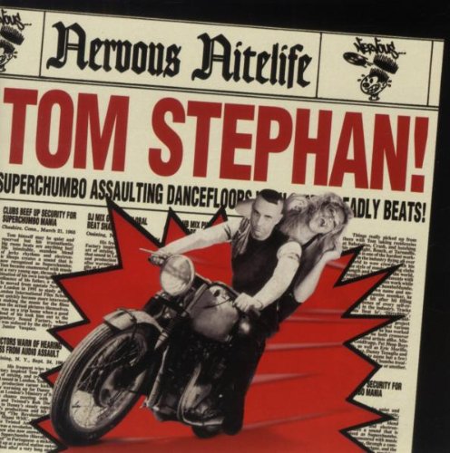 "Album cover with man and woman on motorcycle, newspaper-style background, red starburst."