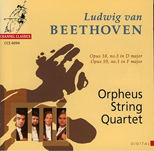 "Yellow CD cover with Beethoven's name, hand silhouette, and four musicians' portraits."