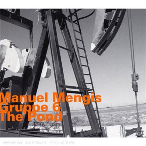 "Album cover with black-and-white oil pump image and orange text overlay."