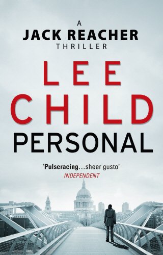 "Book cover with man on bridge, cityscape, and 'Lee Child Personal' in red and black."