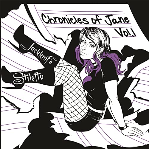 CD cover: illustrated woman in fishnets and boots, black and white with purple.