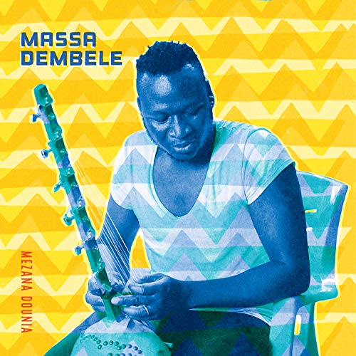 "Album cover featuring a man playing a stringed instrument against a yellow zig-zag background."