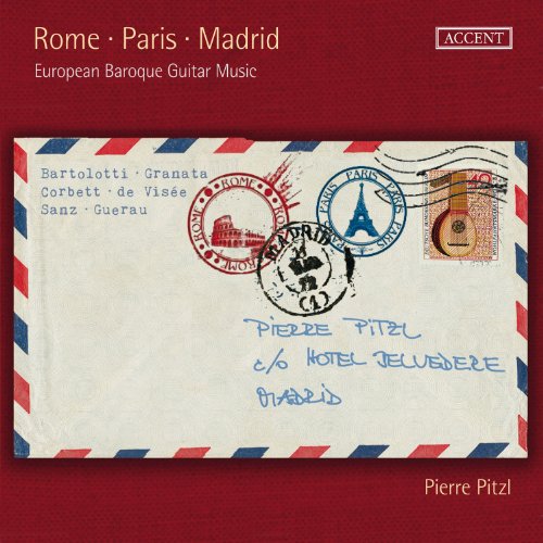 "Album cover with red background, envelope, and postmarks, featuring European Baroque Guitar music."