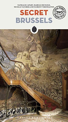 "Book cover with 'Secret Brussels' title, featuring a staircase and mural of two women."
