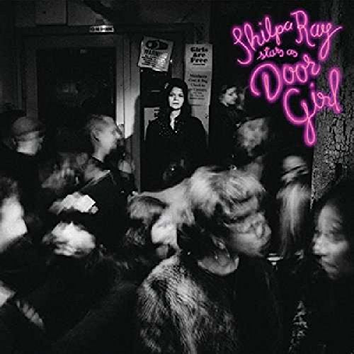 Black and white image of a crowd with neon pink album title overlay.