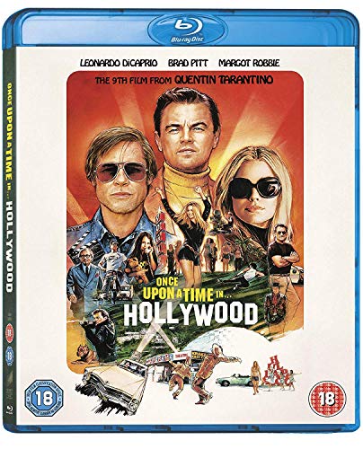 Blu-ray cover for “Once Upon A Time In… Hollywood” featuring DiCaprio, Pitt, and Robbie.