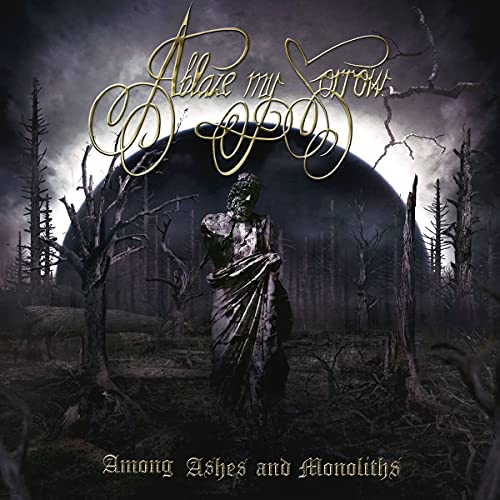 Album cover: statue in a dark forest under a full moon.