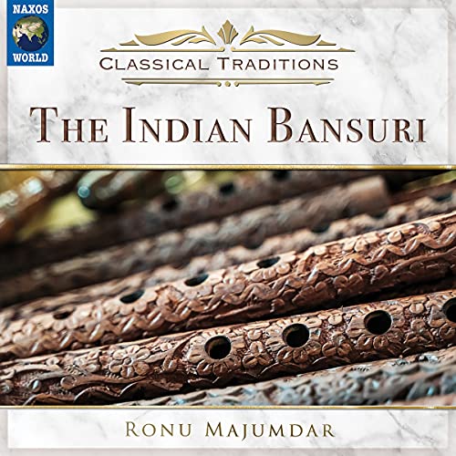 CD cover featuring carved Indian bansuri flutes and text details.