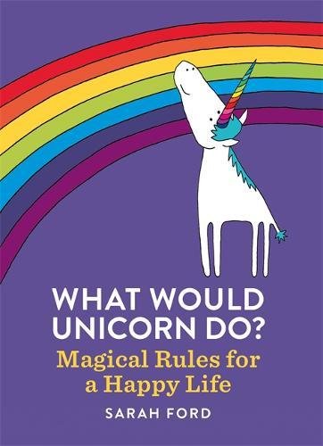 The image depicts a book cover with a cartoon unicorn and a rainbow on a purple background.
