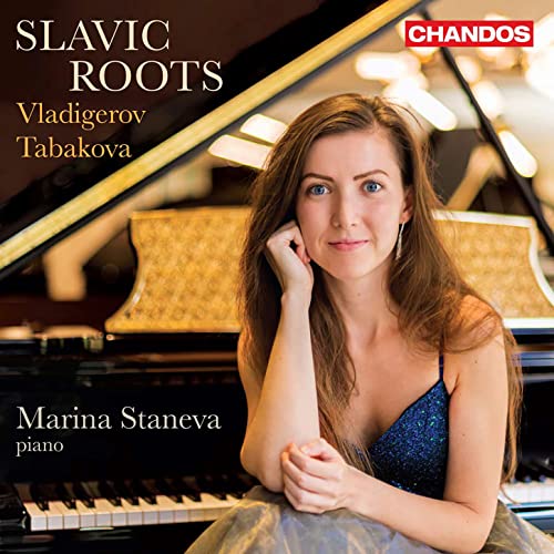 Pianist Marina Staneva portrait with a grand piano, album cover “Slavic Roots”.