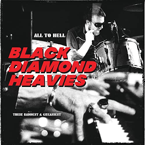 Black and white album cover featuring a drummer with red text overlay.
