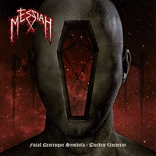 Headless figure with a coffin-shaped void against a red, starry background.