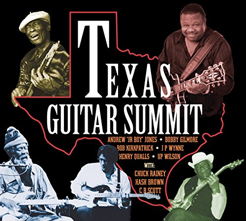 "CD cover featuring 'Texas Guitar Summit' with musicians playing guitars, set against a black background."