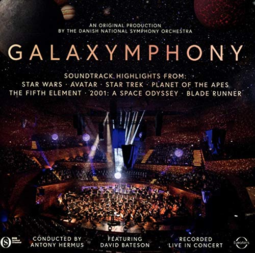 CD cover for “Galaxymphony” concert, featuring orchestra and space imagery.