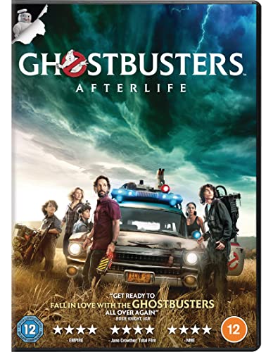Ghostbusters: Afterlife DVD cover featuring characters and the Ecto-1 vehicle.