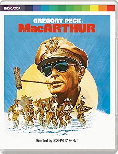 MacArthur" Blu-ray cover featuring Gregory Peck as a general, with soldiers.