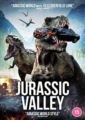 "Jurassic Valley DVD cover featuring dinosaurs and a burning car in a mountainous landscape."