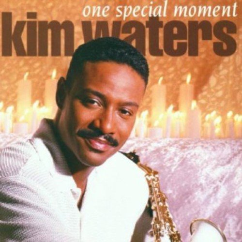 "Kim Waters album cover with man holding saxophone, surrounded by lit candles in the background."