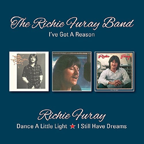 Dark blue album cover with three album art images and white text.