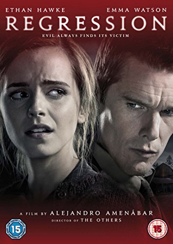 "Regression DVD cover featuring Ethan Hawke and Emma Watson with a red background."